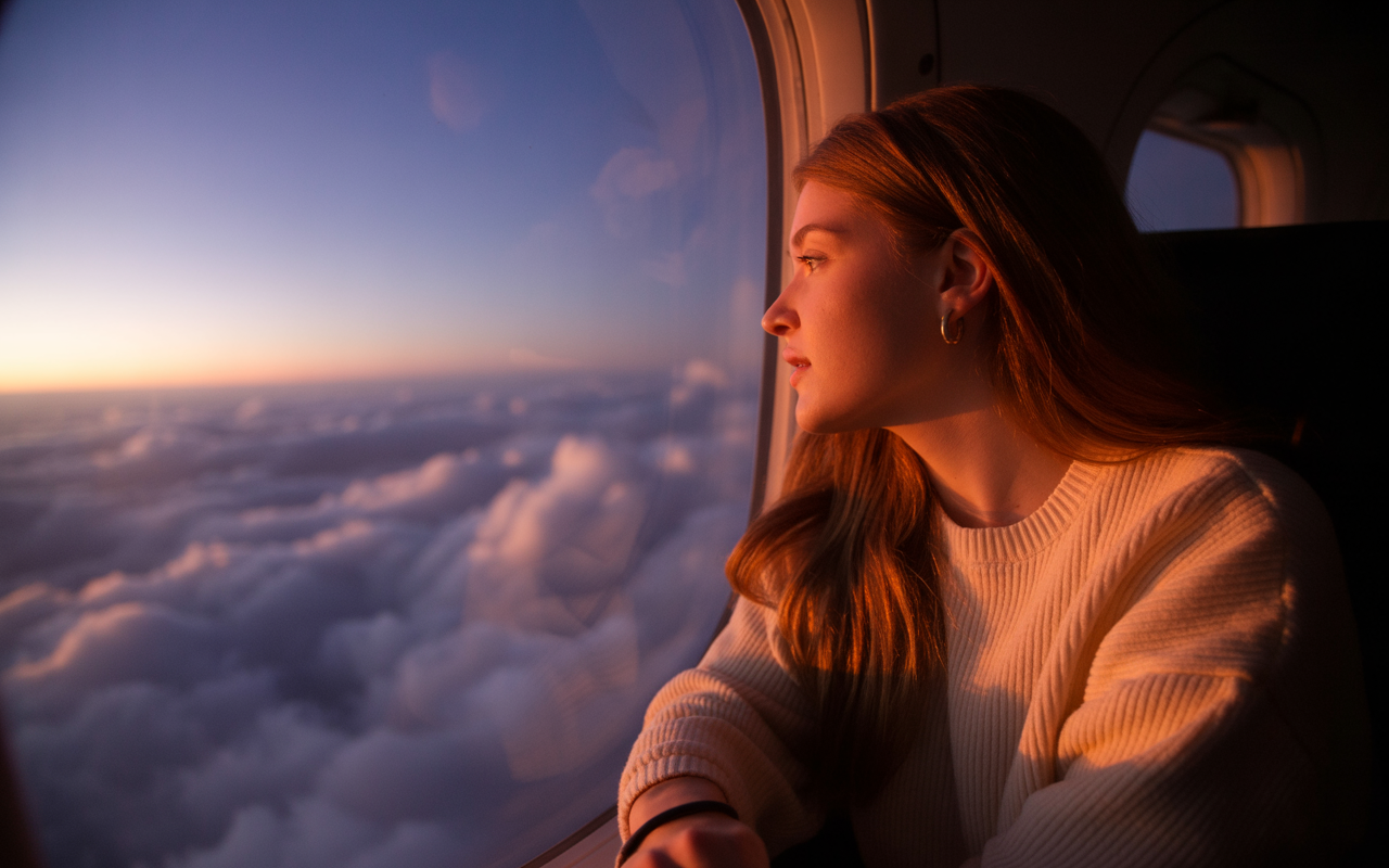 Woman looking out airplane window during flight at sunset