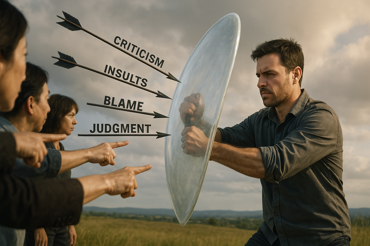 Person holding shield deflecting arrows labeled with criticism, insults, blame, and judgment